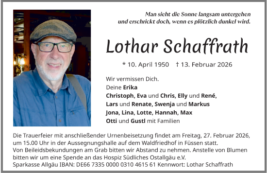 Traueranzeige von Lothar Schaffrath von Allgäuer Zeitung, Füssen