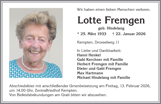 Traueranzeige von Lotte Fremgen von Allgäuer Zeitung,Kempten