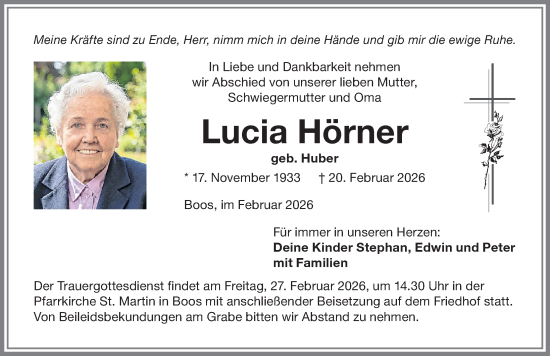 Traueranzeige von Lucia Hörner von Memminger Zeitung