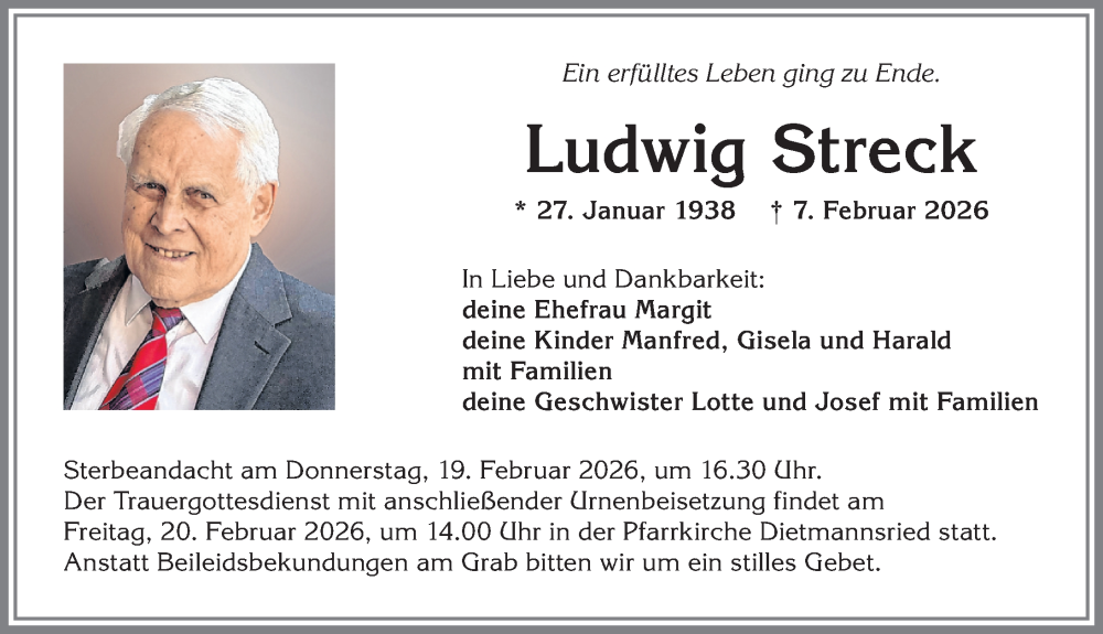  Traueranzeige für Ludwig Streck vom 14.02.2026 aus Allgäuer Zeitung,Kempten