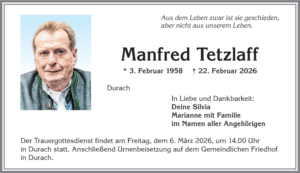  Traueranzeige für Manfred Tetzlaff vom 28.02.2026 aus Allgäuer Zeitung,Kempten