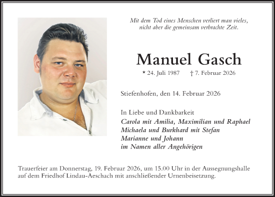 Traueranzeige von Manuel Gasch von Der Westallgäuer