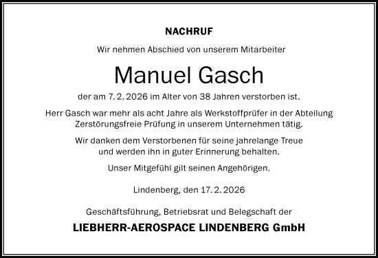 Traueranzeige von Manuel Gasch von Der Westallgäuer