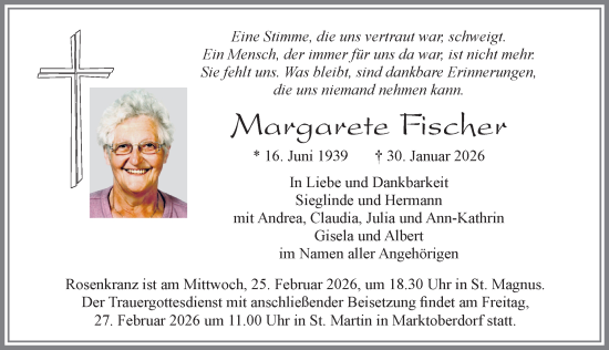 Traueranzeige von Margarete Fischer von Allgäuer Zeitung, Marktoberdorf