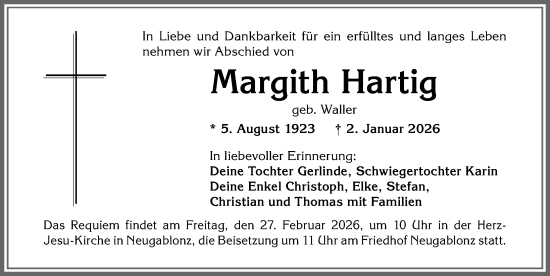 Traueranzeige von Margith Hartig von Allgäuer Zeitung, Kaufbeuren/Buchloe