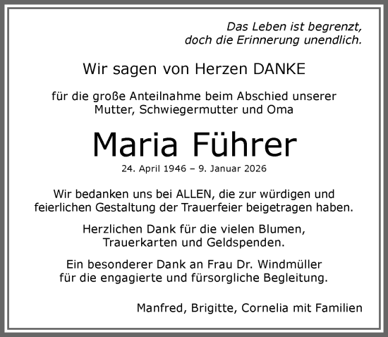 Traueranzeige von Maria Führer von Allgäuer Anzeigeblatt
