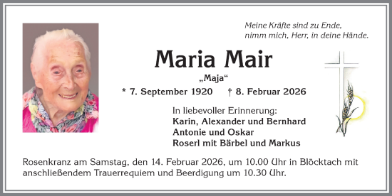 Traueranzeige von Maria Mair von Allgäuer Zeitung, Kaufbeuren/Buchloe