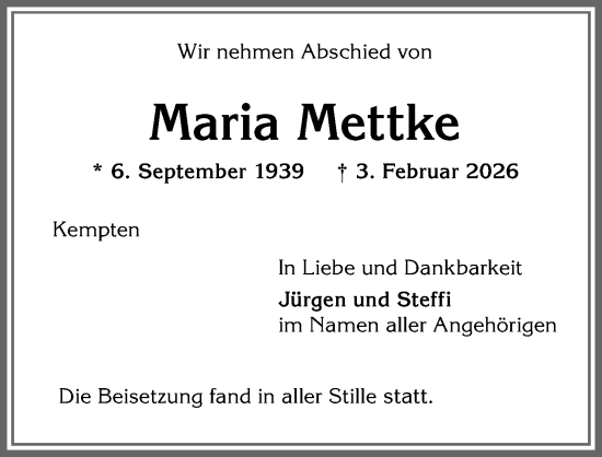 Traueranzeige von Maria Mettke von Allgäuer Zeitung,Kempten
