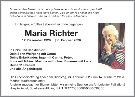 Traueranzeige von Maria Richter von Allgäuer Zeitung, Kaufbeuren/Buchloe