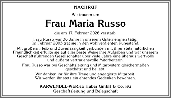 Traueranzeige von Maria Russo von Allgäuer Zeitung, Kaufbeuren/Buchloe