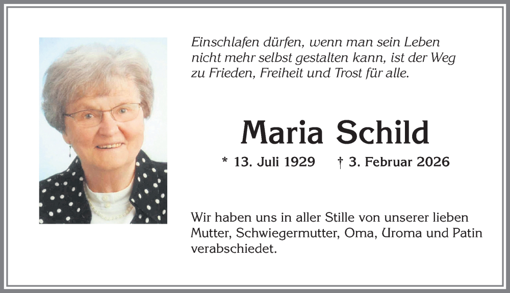  Traueranzeige für Maria Schild vom 21.02.2026 aus Allgäuer Zeitung,Kempten
