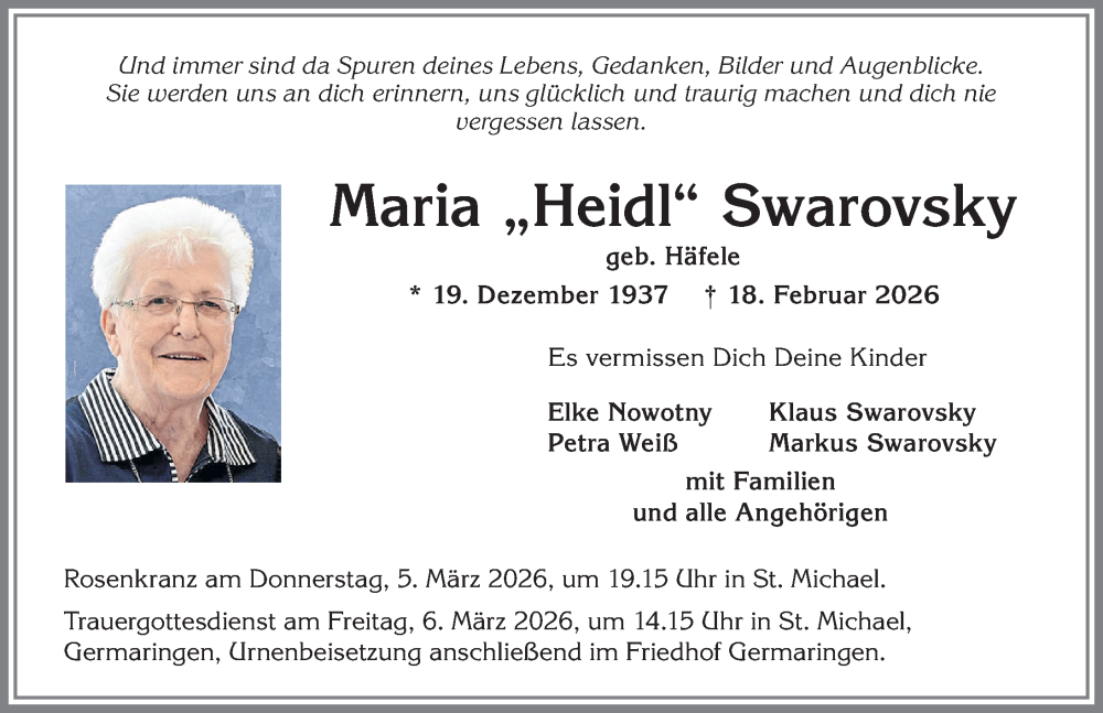  Traueranzeige für Maria Swarovsky vom 28.02.2026 aus Allgäuer Zeitung, Kaufbeuren/Buchloe
