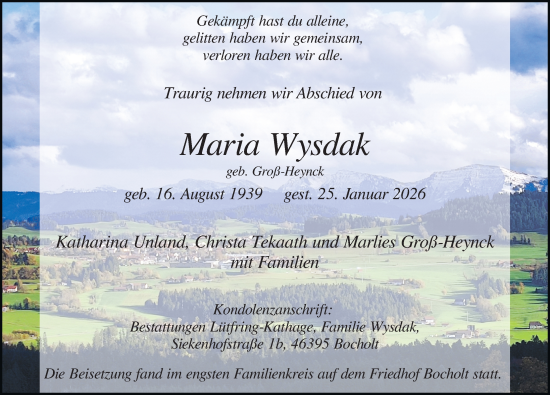 Traueranzeige von Maria Wysdak von Der Westallgäuer