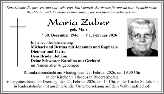 Traueranzeige von Maria Zuber von Allgäuer Zeitung, Marktoberdorf
