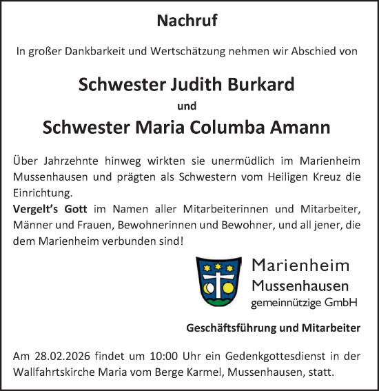 Traueranzeige von Maria Columba Amann von Memminger Zeitung