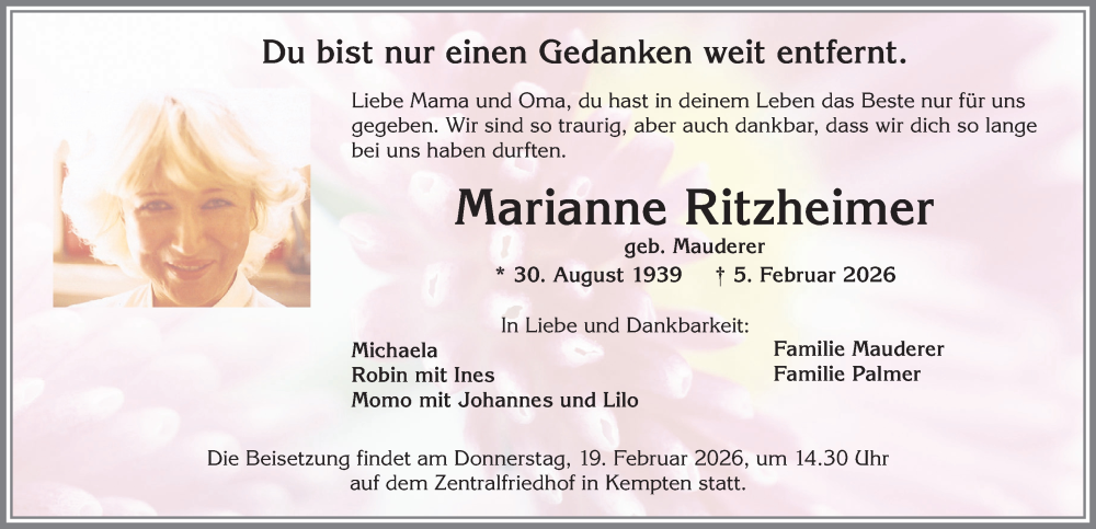  Traueranzeige für Marianne Ritzheimer vom 14.02.2026 aus Allgäuer Zeitung,Kempten