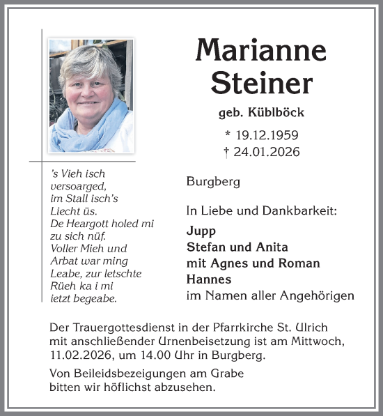 Traueranzeige von Marianne Steiner von Allgäuer Anzeigeblatt