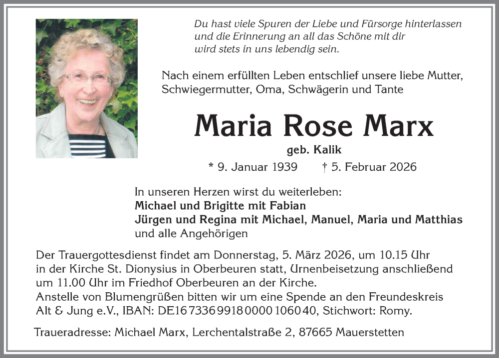  Traueranzeige für Maria Rose Marx vom 21.02.2026 aus Allgäuer Zeitung, Kaufbeuren/Buchloe