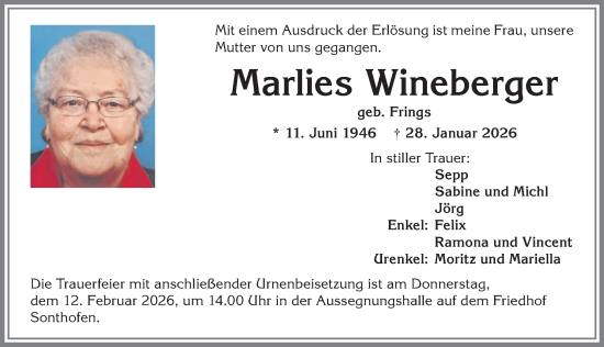 Traueranzeige von Marlies Wineberger von Allgäuer Anzeigeblatt
