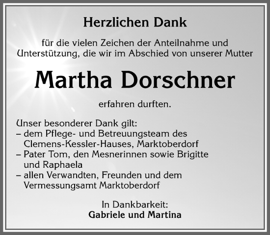 Traueranzeige von Martha Dorschner von Allgäuer Zeitung, Marktoberdorf