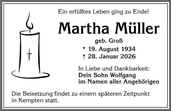 Traueranzeige von Martha Müller von Memminger Zeitung