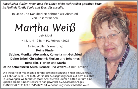 Traueranzeige von Martha Weiß von Allgäuer Zeitung, Füssen