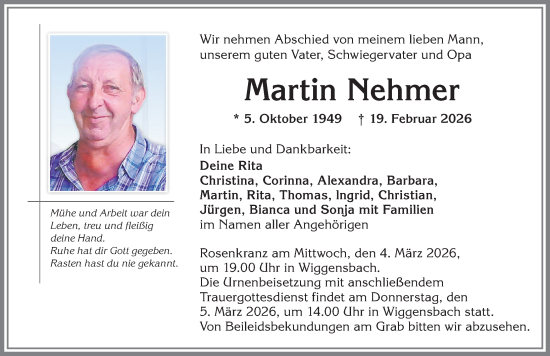 Traueranzeige von Martin Nehmer von Allgäuer Zeitung,Kempten