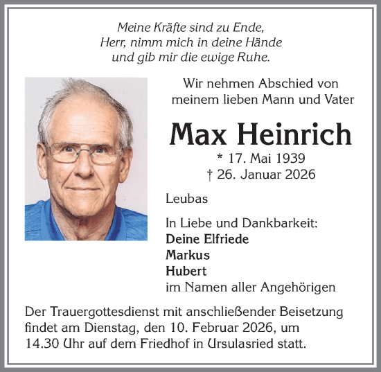 Traueranzeige von Max Heinrich von Allgäuer Zeitung,Kempten