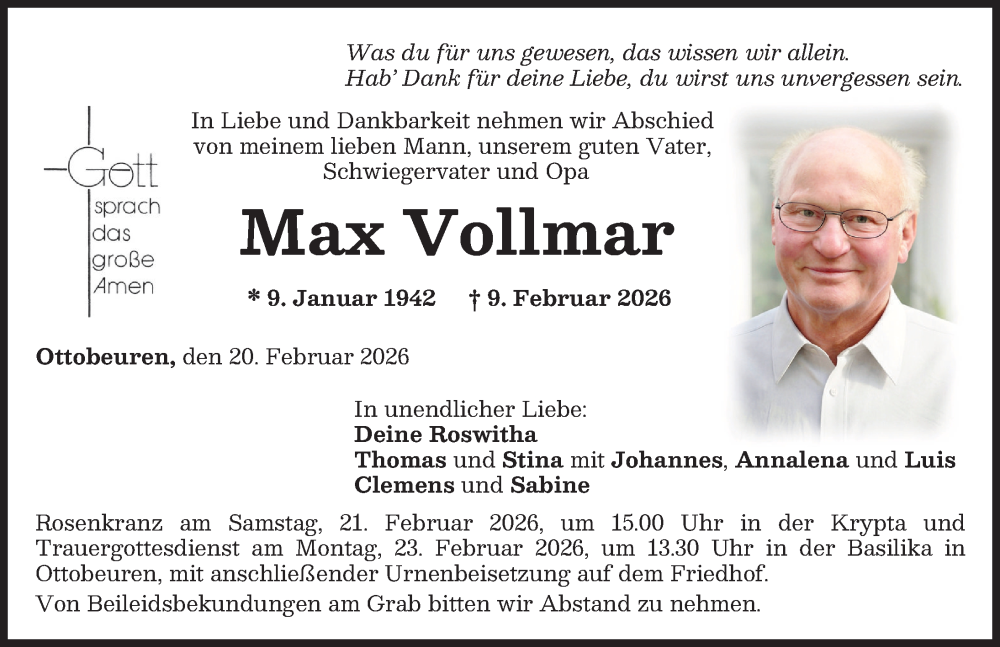 Traueranzeige für Max Vollmar vom 20.02.2026 aus Memminger Zeitung