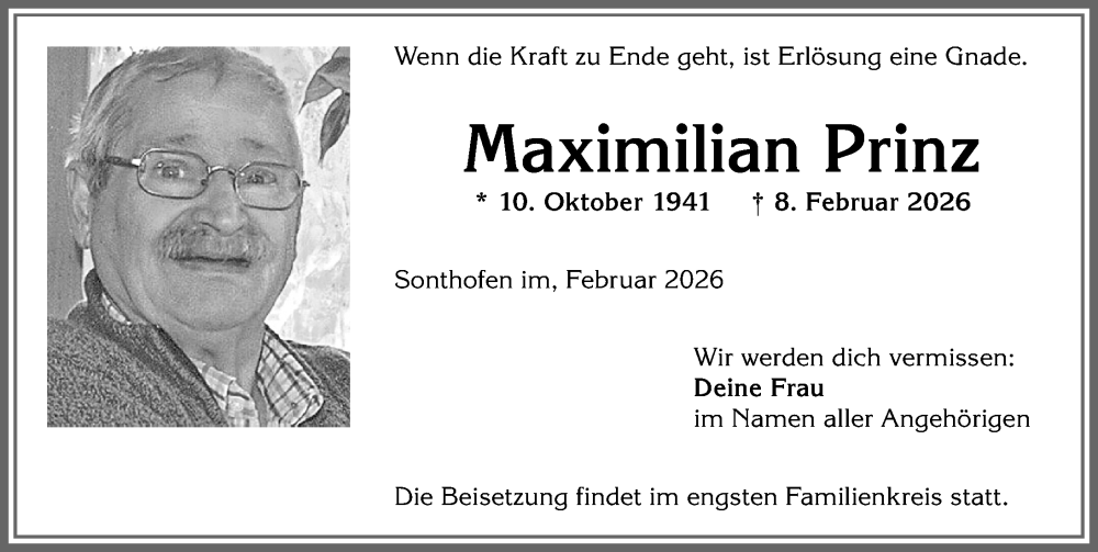  Traueranzeige für Maximilian Prinz vom 21.02.2026 aus Allgäuer Anzeigeblatt
