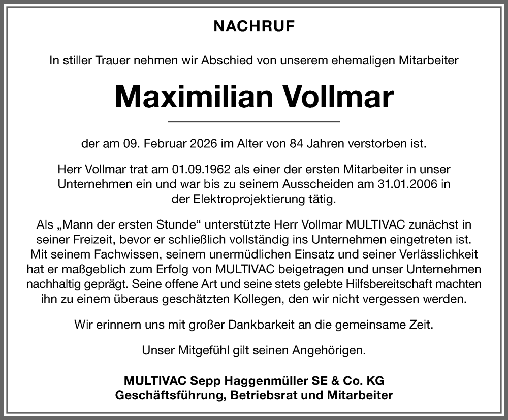  Traueranzeige für Maximilian Vollmar vom 25.02.2026 aus Memminger Zeitung