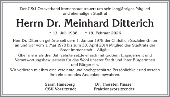 Traueranzeige von Meinhard Ditterich von Allgäuer Anzeigeblatt