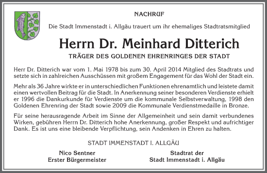Traueranzeige von Meinhard Ditterich von Allgäuer Anzeigeblatt