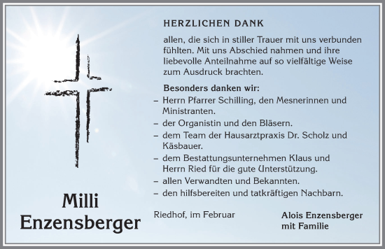 Traueranzeige von Milli Enzensberger von Allgäuer Zeitung, Marktoberdorf