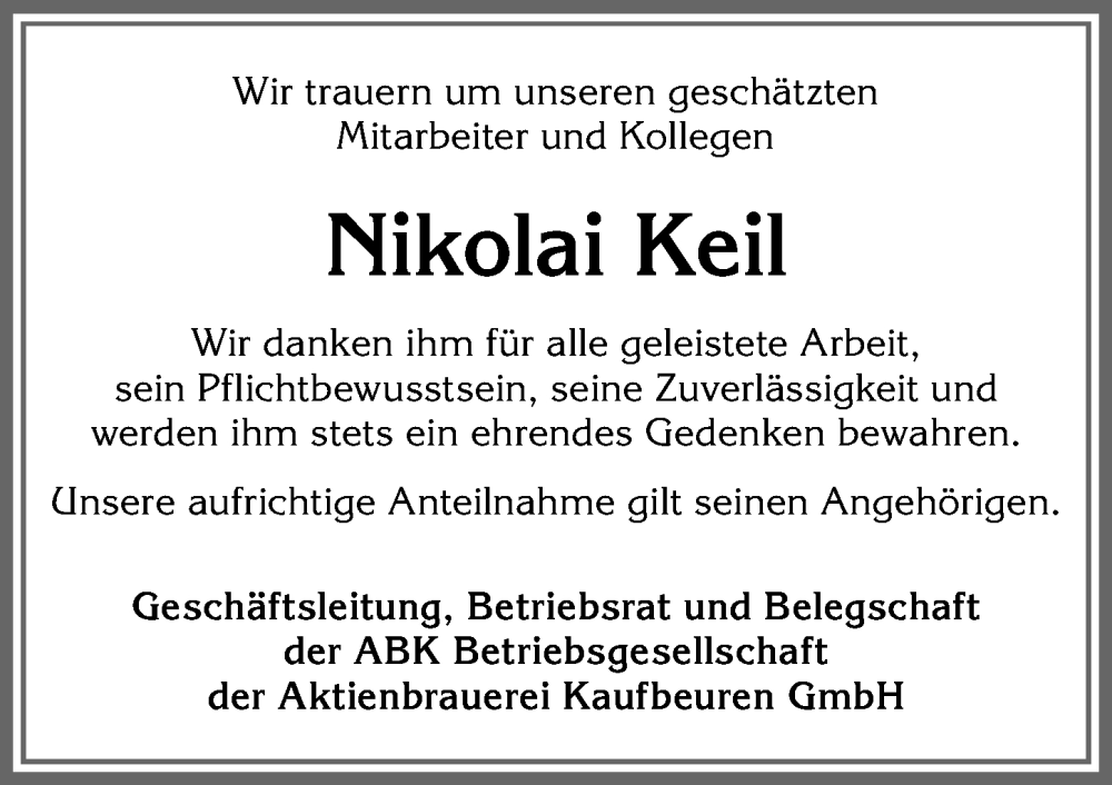  Traueranzeige für Nikolai Keil vom 21.02.2026 aus Allgäuer Zeitung, Marktoberdorf