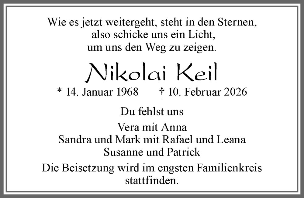  Traueranzeige für Nikolai Keil vom 21.02.2026 aus Allgäuer Zeitung, Marktoberdorf