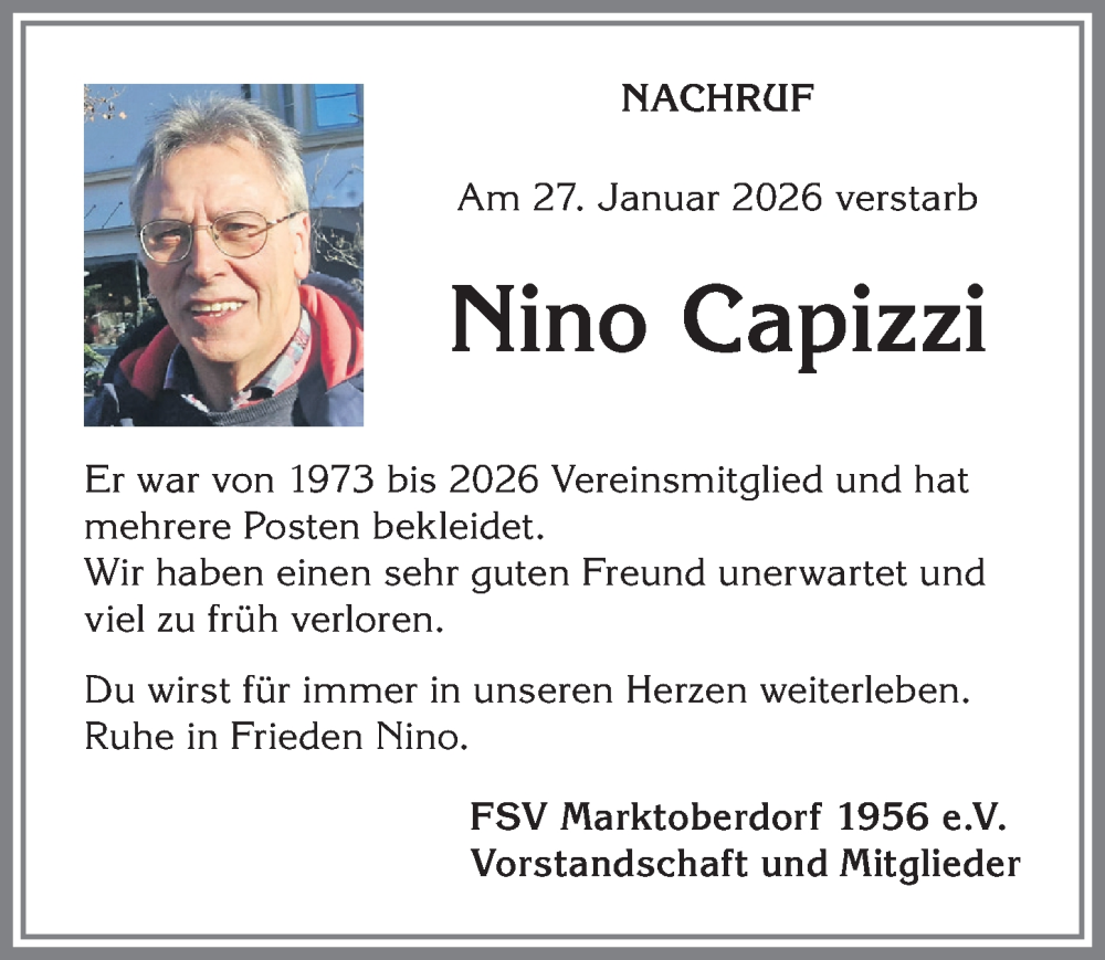  Traueranzeige für Nino Capizzi vom 14.02.2026 aus Allgäuer Zeitung, Marktoberdorf