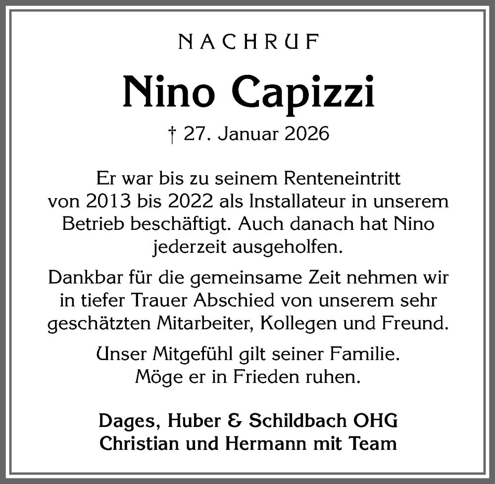  Traueranzeige für Nino Capizzi vom 19.02.2026 aus Allgäuer Zeitung, Marktoberdorf