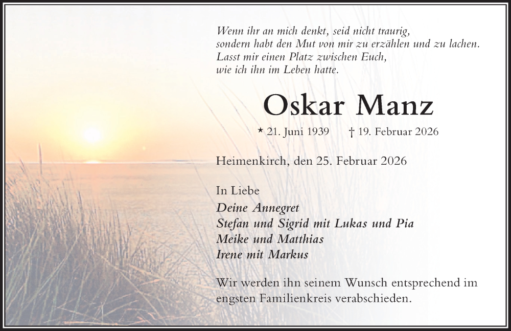  Traueranzeige für Oskar Manz vom 25.02.2026 aus Der Westallgäuer
