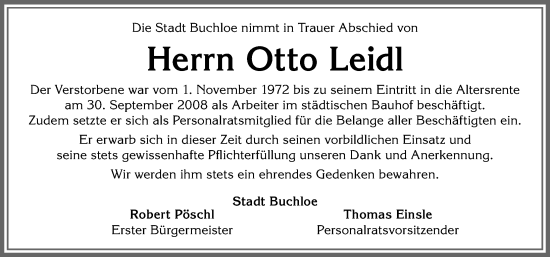 Traueranzeige von Otto Leidl von Allgäuer Zeitung, Kaufbeuren/Buchloe