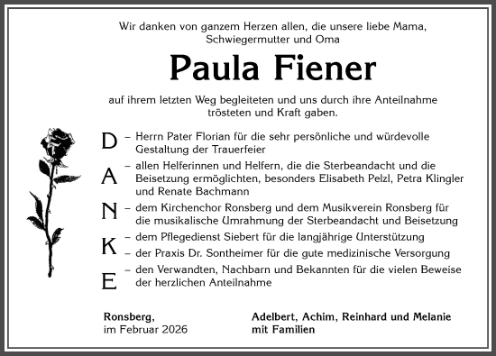 Traueranzeige von Paula Fiener von Allgäuer Zeitung, Marktoberdorf