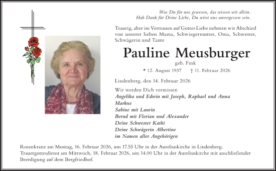 Traueranzeige von Pauline Meusburger von Der Westallgäuer