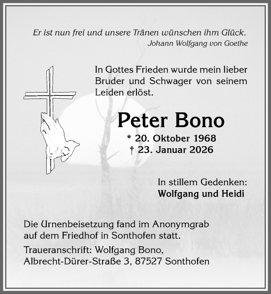 Traueranzeige von Peter Bono von Allgäuer Anzeigeblatt