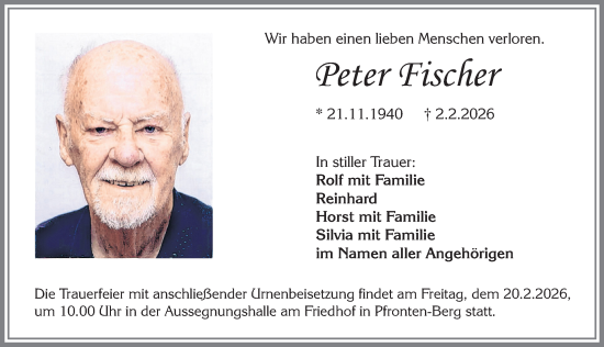 Traueranzeige von Peter Fischer von Allgäuer Zeitung, Füssen