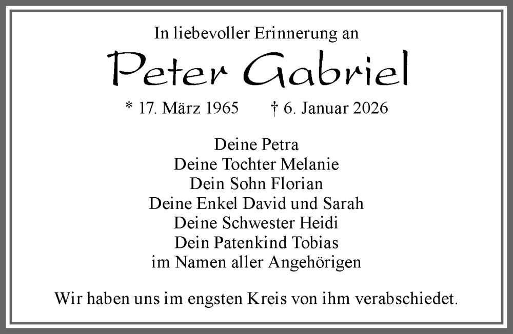  Traueranzeige für Peter Gabriel vom 07.02.2026 aus Allgäuer Zeitung, Füssen