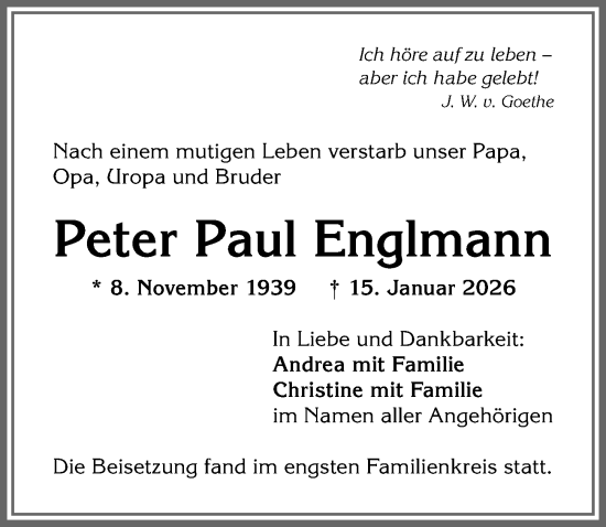 Traueranzeige von Peter Paul Englmann von Allgäuer Anzeigeblatt