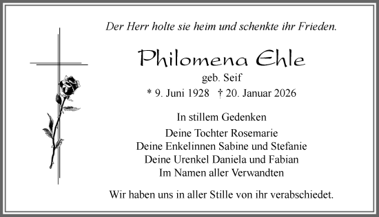 Traueranzeige von Philomena Ehle von Allgäuer Zeitung, Füssen