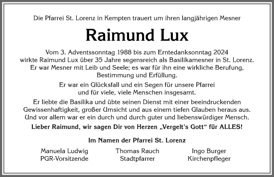 Traueranzeige von Raimund Lux von Allgäuer Zeitung,Kempten