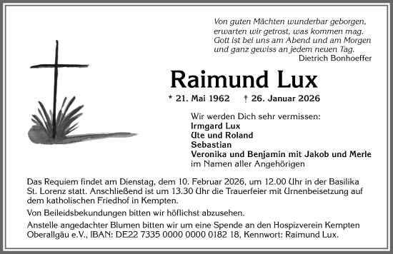 Traueranzeige von Raimund Lux von Allgäuer Zeitung,Kempten