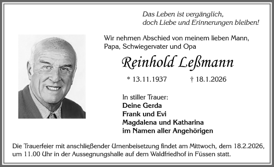 Traueranzeige von Reinhold Leßmann von Allgäuer Zeitung, Füssen